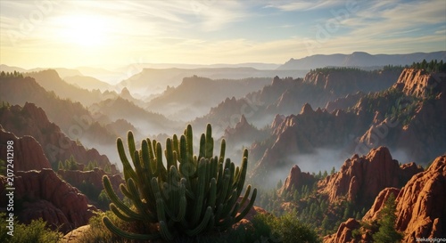 A large cactus plant in a desert landscape with rocky mountains and foggy valleys at sunrise or sunset