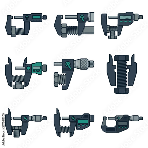 Vector illustrations of digital micrometers and calipers measuring mechanical bolts, ideal for technical design