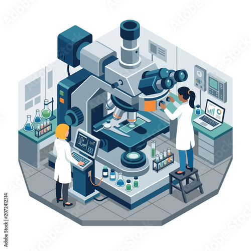 Scientists Conducting Advanced Biological Research Using Modern Microscope in Laboratory Setting