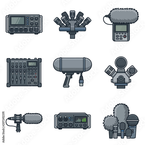 Collection of Professional Audio Recording Equipment and Microphone Icons for Sound Production