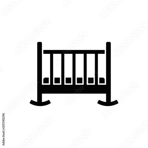 Simple vector black silhouette icon of a baby crib or cradle, symbolizing infancy, sleep, and care for newborns