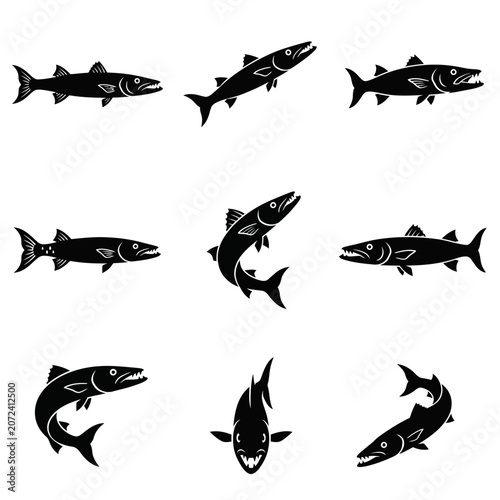 Dynamic collection of barracuda fish silhouettes in various swimming poses, ideal for aquatic wildlife and fishing themed designs
