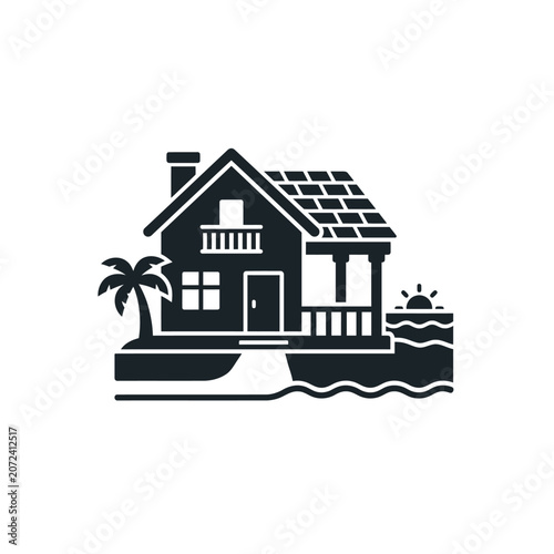Simple vector black silhouette of a beach house, palm tree, and ocean sunset, ideal for tropical vacation and resort designs