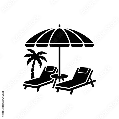 Beach vacation silhouette icon with umbrella, sun loungers, and palm tree on white background