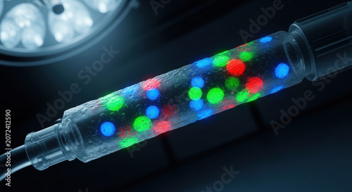 Antimicrobial resistance concept with colorful glowing particles inside transparent tube illustrating medical research and innovation