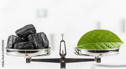 Coal and green leaf balanced on scale symbolizing climate risk and finance challenges in sustainable energy transition
