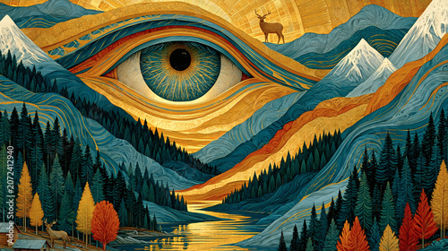Surreal Eye Landscape with Mountains, River and Deer – Mystical Fantasy Art