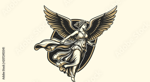 Obraz na plátně Angel with Wings on Shield Emblem.