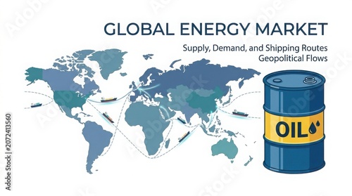 Oil barrel beside global energy market world map illustration with supply demand trends