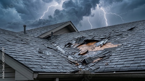 Damaged residential roof shingles after a severe storm with lightning and dark clouds overhead