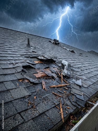 Damaged residential roof with asphalt shingles during a severe thunderstorm with lightning and heavy rain