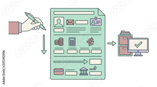 Vector illustration of a hand filling out a document for digital processing
