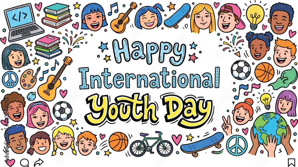 Fototapeta premium Happy International Youth Day Poster with Diverse Teen Faces Sports Music Art Technology Icons for Social Media and School Event