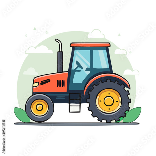 Flat illustration of a red tractor side view