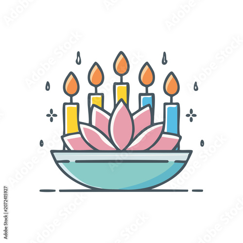 Lotus flower candle holder with burning candles vector illustration