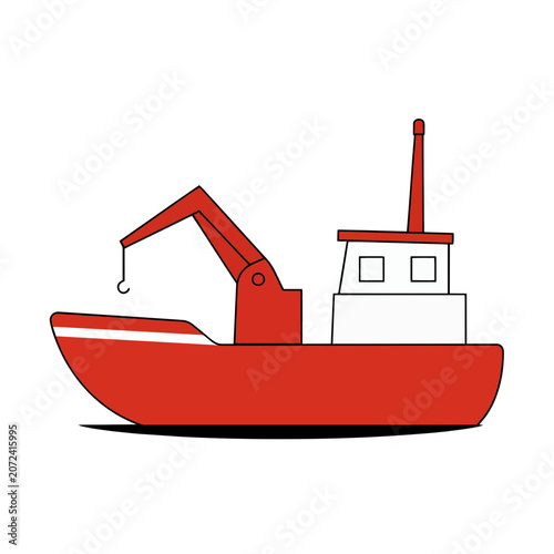 Red fishing boat with crane side view vector illustration