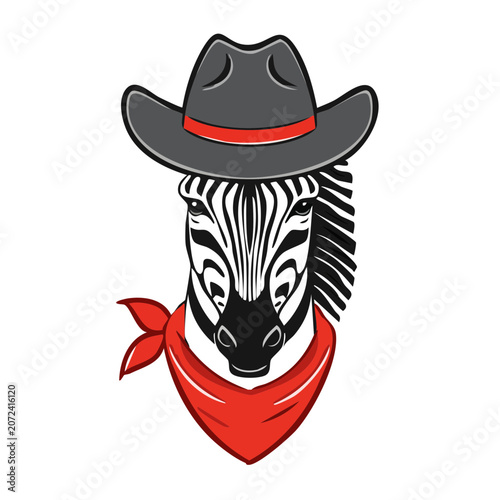Zebra Head with Cowboy Hat and Bandana Vector Illustration