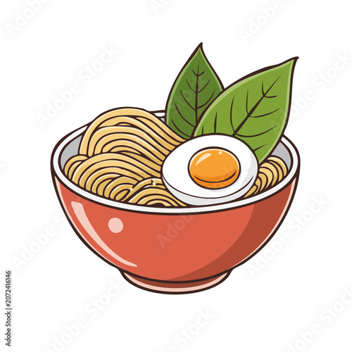 Bowl of noodles with fried egg and green leaves vector illustration