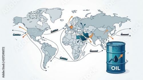 Oil barrel placed beside global world map outline with energy resource distribution illustration