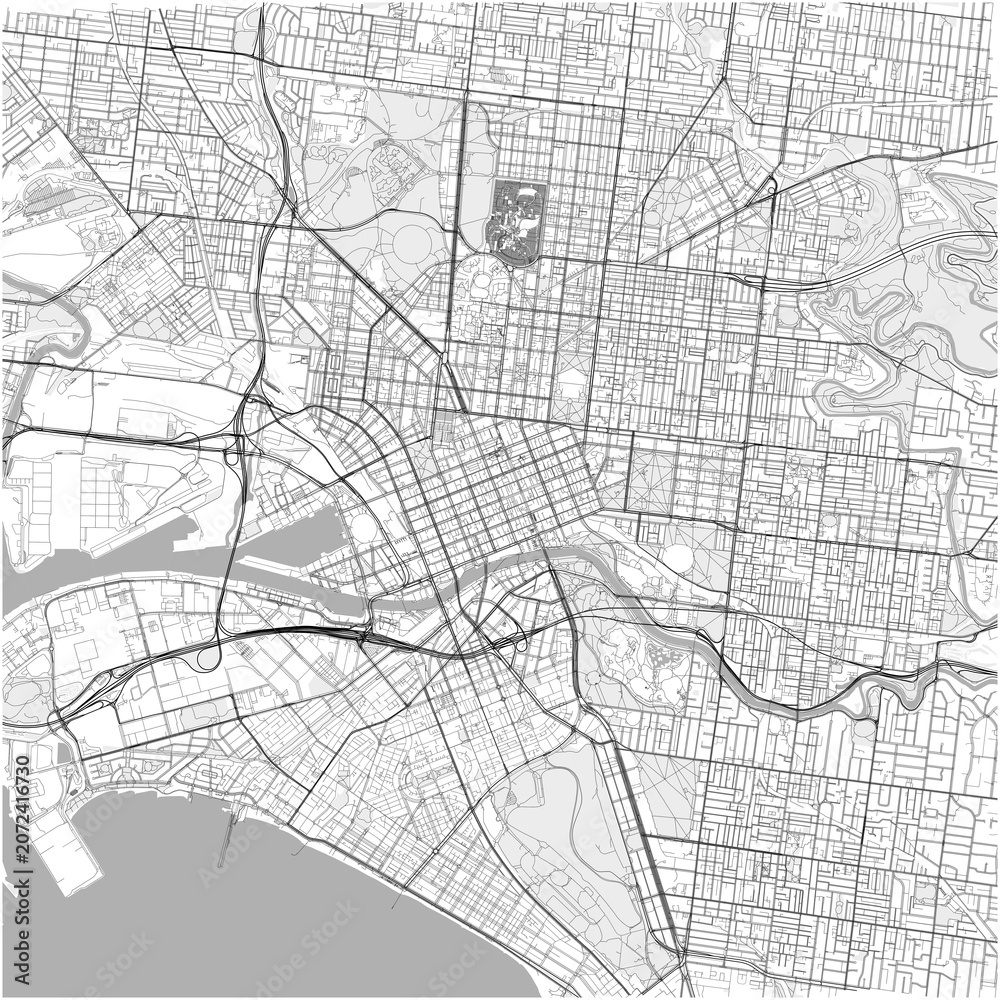 Obraz premium Melbourne City Map Poster Street Map JPG Stark Technical Black White Grey Zone Wall Art