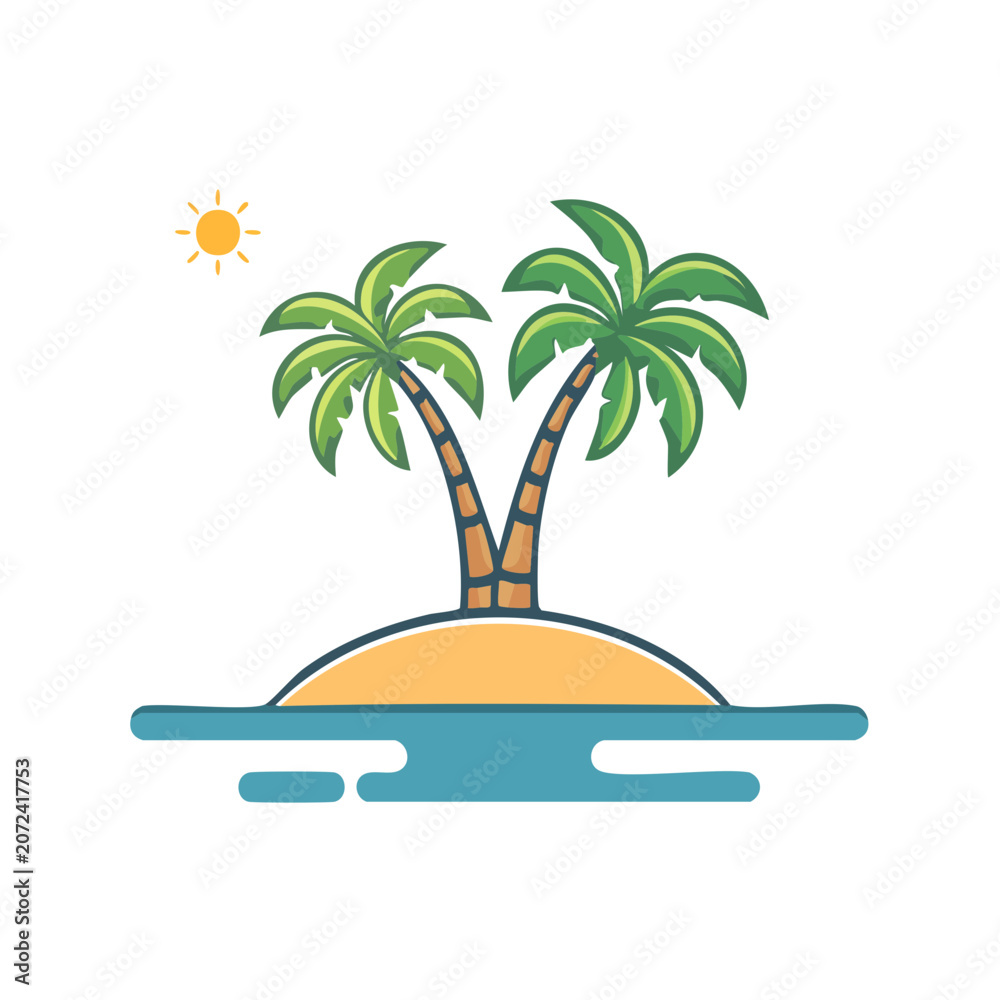 Fototapeta premium Tropical island with two palm trees and sun vector illustration