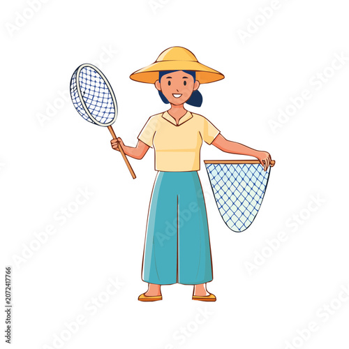Woman holding fishing nets in straw hat, flat vector illustration