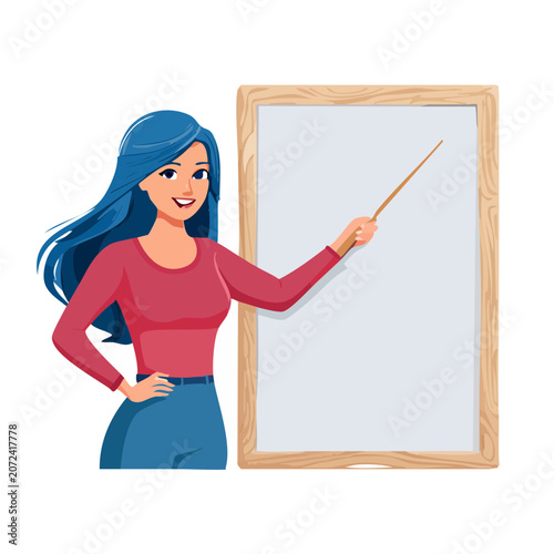 Woman pointing at whiteboard with pointer, vector illustration