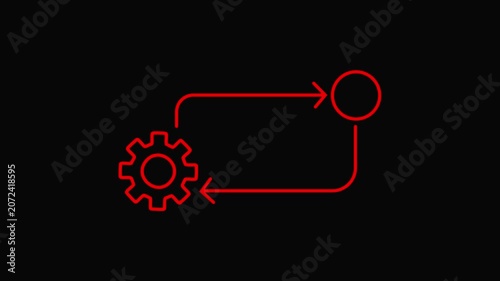 Gear Cogwheel Mechanism with Circular Path and Arrow Process Flowchart on Black Background.