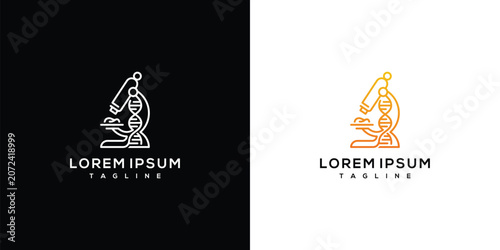 Modern Microscope and DNA Helix Line Art Logo Design Concept