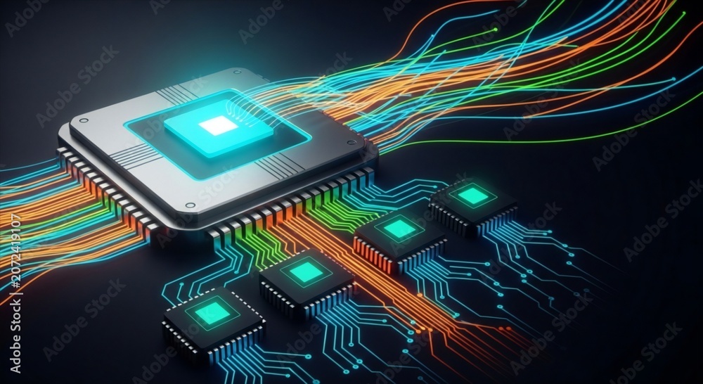 Fototapeta premium A computer chip with glowing blue lines and wires on a dark background representing technology and innovation in computing and electronics