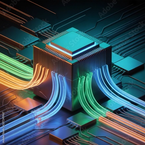 A futuristic 3d rendering of a computer chip with colorful glowing wires and circuits on a dark background with a complex network of lines and pathways