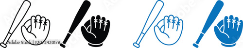 Photos Baseball and Team Sports Equipment Vector Icon Collection featuring classic baseball bat and catcher glove mitt symbols