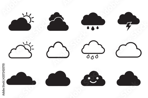 cloud icon set silhouette vector, clouds weather icons line art vector