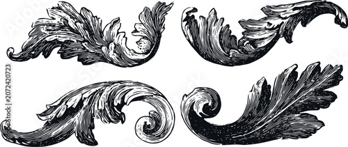 baroque floral ornamental leaves set vintage decorative swirl elements engraving