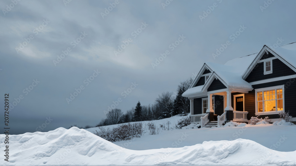 Fototapeta premium Cozy winter house snow twilight warm light countryside rural exterior architecture cottage landscape Peaceful snowy rural house exterior twilight with warm light glowing from window and porch