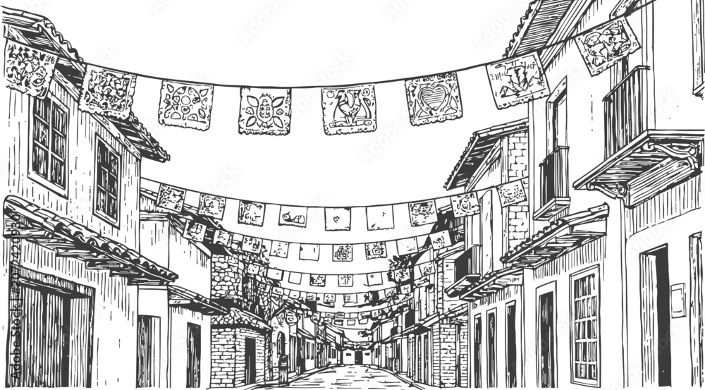 Obraz premium traditional street view with hanging decorative flags old town architecture line drawing