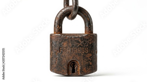 Rusted metal padlock hanging on chain with keyhole in close-up minimalist composition