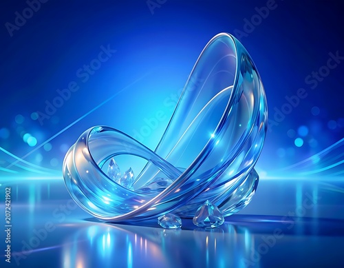 Abstract Blue Crystal Sculpture with Sparkling Light Effects
