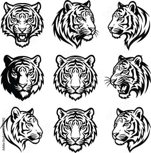 Photography Tiger head vector mascot collection featuring black linear wild cat portraits ro