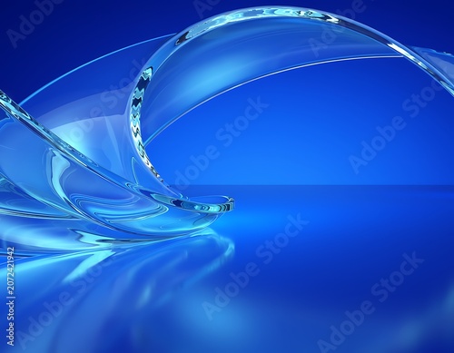 Graceful blue liquid wave forms create an elegant abstract background with flowing translucent ribbons reflecting on a vibrant azure surface, suggesting movement and serenity