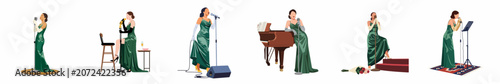 Photography Collection of flat vector illustrations depicting an elegant female jazz singer in a green gown performing on stage with various musical accessories