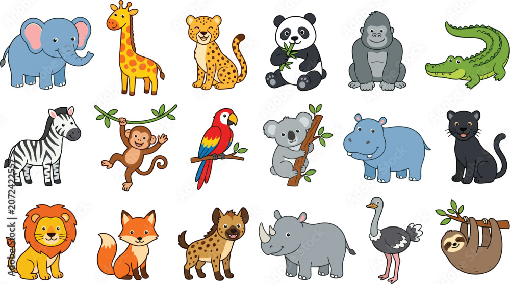 Fototapeta premium Cute wild animals vector cartoon icon set featuring elephant giraffe leopard panda gorilla crocodile zebra monkey parrot koala hippo panther lion fox hyena rhinoceros ostrich and sloth symbols