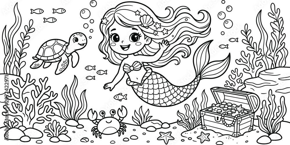 Naklejka premium Cute little mermaid underwater coloring page vector line art illustration featuring cartoon sea turtle crab treasure chest and coral reef scenery