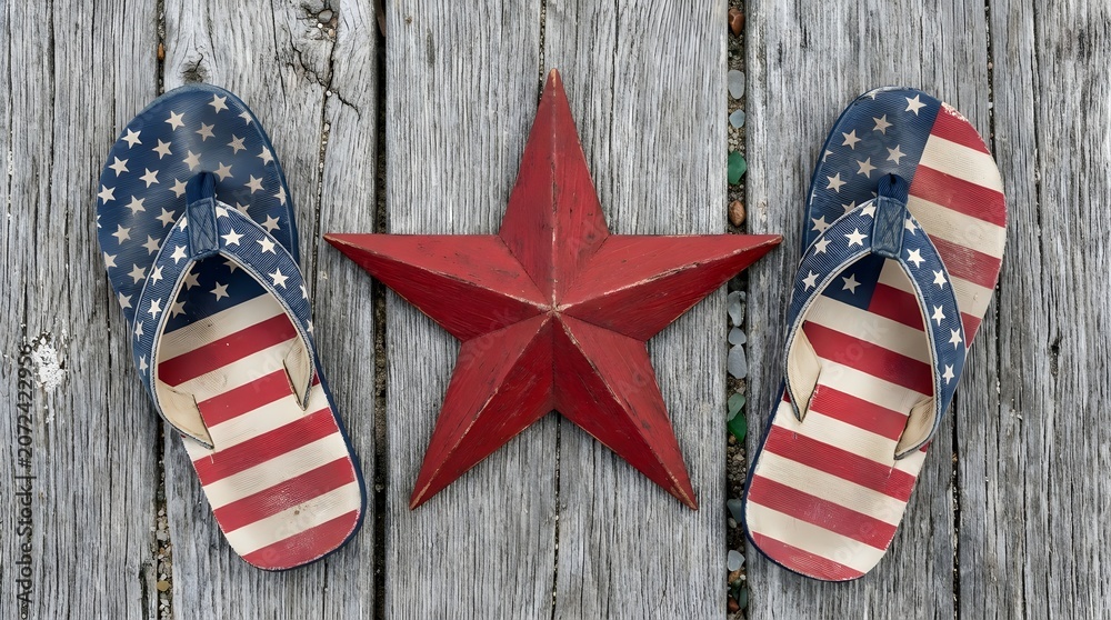 Obraz premium Patriotic summer still life american flag flip flops and red star on weathered wood planks