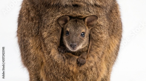 Cute baby wallaby joey peeking from pouch, soft studio light, pure white seamless backdrop