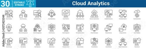 Tableau sur toile Cloud Analytics icon set collection business with icon of Cloud Analytics, Data Processing, Cloud Monitoring, Cloud Operations, Cloud Platform, Cloud Infrastructure, Resource Optimization, Scala