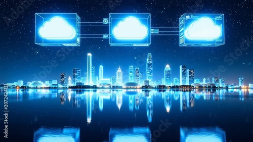 Night city skyline with cloud tech icons