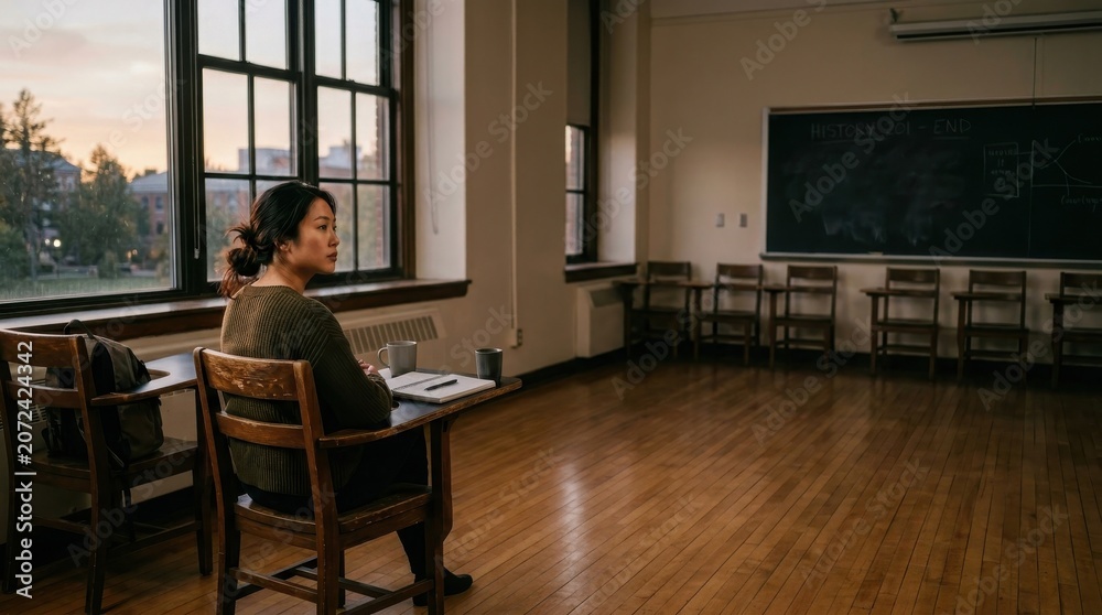 Fototapeta premium Thoughtful young Asian woman sitting at a wooden desk in an empty classroom, looking out a large window with soft evening light