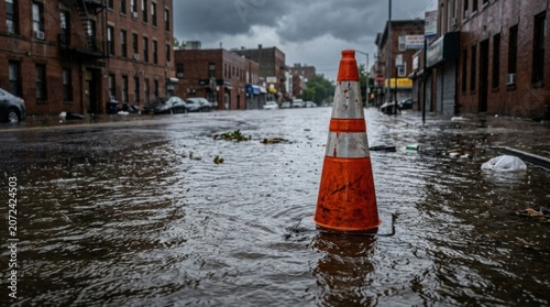Flooded urban street with bright orange traffic cone in heavy rain and stormy weather