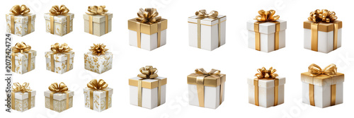 Set of White present box with metallic gold ribbon and decorative bow on transparent png background. Ai generated